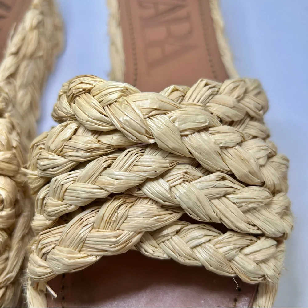 Zara Raffia Braided Platform Neutral Cream Tan Sandals Size 37
